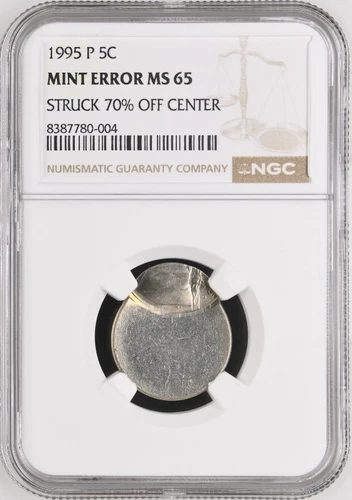1995-P Jefferson Nickel 5 Cents Mint Error Struck 70% Off Center NGC MS65