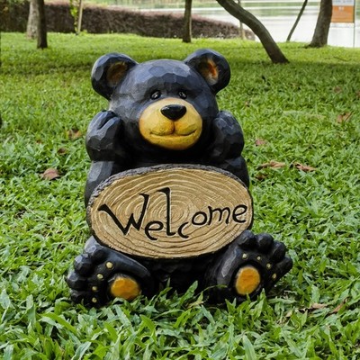 Bear Cub Statue Holding Face W/ Welcome Sign For Garden Yard Decor Resin Statue