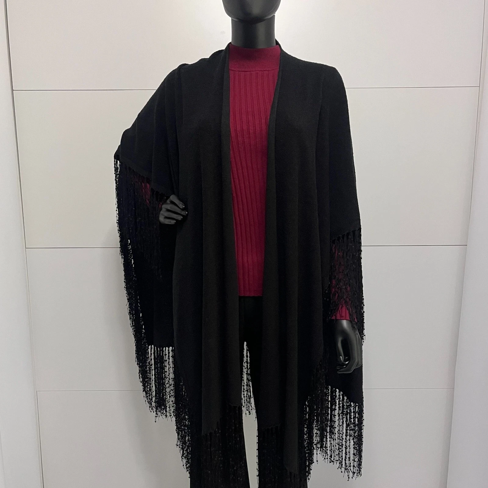 Women’s Black Fringe Kimono Shawl Open Front Boho Poncho Cover Up