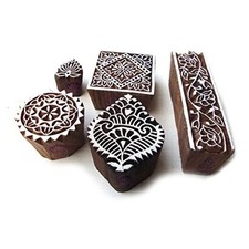 Hand Carved Square and Border Pattern Wood Block Print Stamps Set of 5 Htag0139