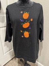 Halloween Pumpkin Embroidered T-Shirt Black Cotton Cute Spooky Fall Tee Womens