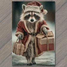 POSTCARD Raccoon Santa Coat Gifts Snow Winter Holiday Cheerful Spirit