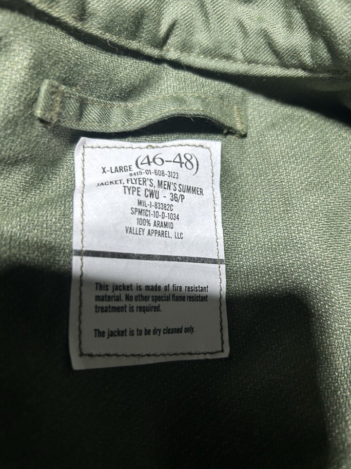US Military Jacket Flyer Men’s Summer Type CWU-36P Green Size Extra ...