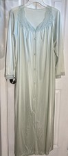 Vanity Fair Nylon Long Length Button Down Robe Lt Green Lace Trimmed
