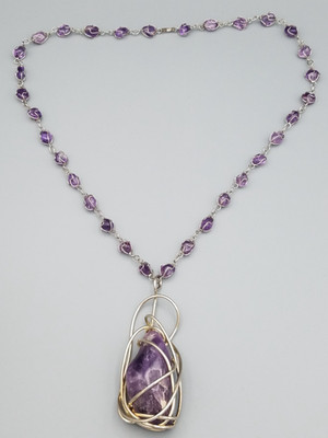Vintage Amethyst Caged Artisan Made Beaded Necklace 26 in with Pendant 2.25x1 in
