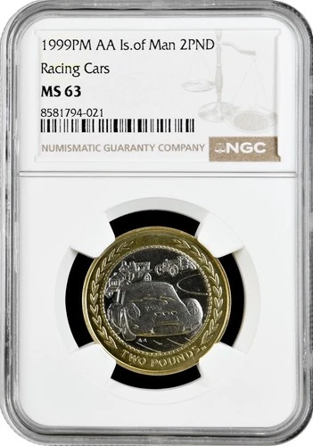 Isle of Man 2 pounds 1999 PM AA, NGC MS63, "Raising Cars" Bi-Me
