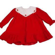 Vintage Allison Ann 2T Girl Toddler Red Faux Velvet Rose White Bibbed Dress