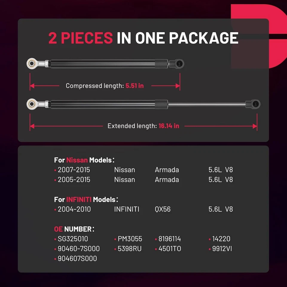 Qty 2 For Infiniti QX56 2004-2010 Nissan Armada Rear Window Glass Lift Supports Foto 2 de 4