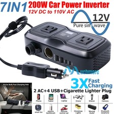 200W Car Power Inverter Newly Car Plug Adapter 7 Outlets Charger DC 12V To 110V