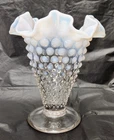 Vintage Fenton Opalescent Moonstone Hobnail Glass 6" Ruffled Vase