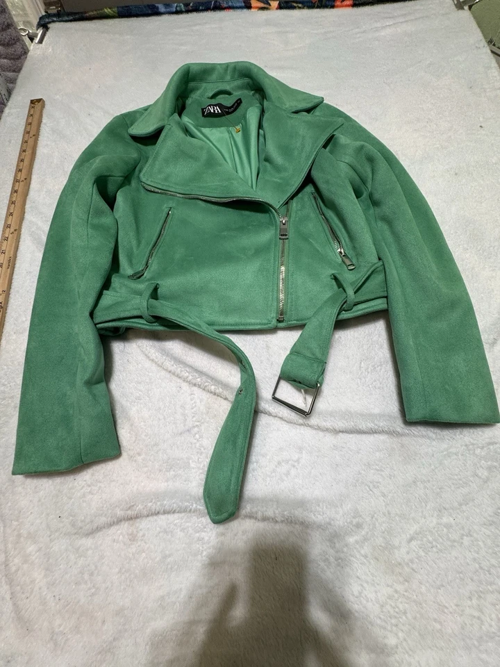 ZARA Green Faux Suede MotorcycleJacket Women's Xs Belted Biker Style Zip Pockets - Image 2 of 4