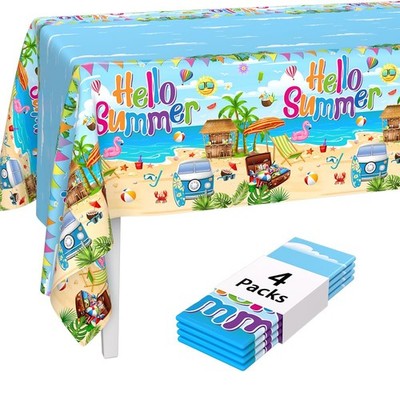4pcs Hello Summer Tablecloth Hawaiian Beach Party Table Cover Tropical Beach ...