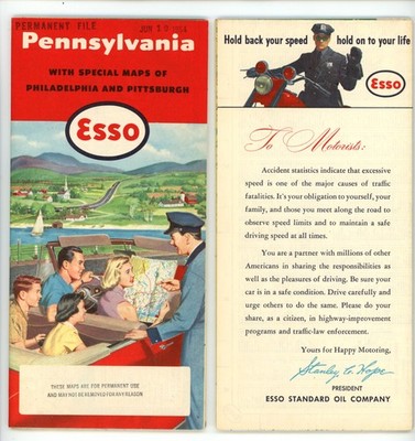 Vintage 1954 Pennsylvania Road Map   Std. Oil of NJ (Esso)