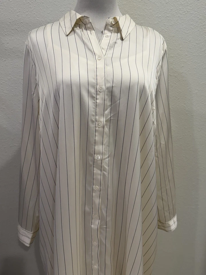 Vestido Camisa Lane Bryant Satinado Talla Grande 18 Manga Larga Crema Negro Forrado a Rayas Foto 2 de 4