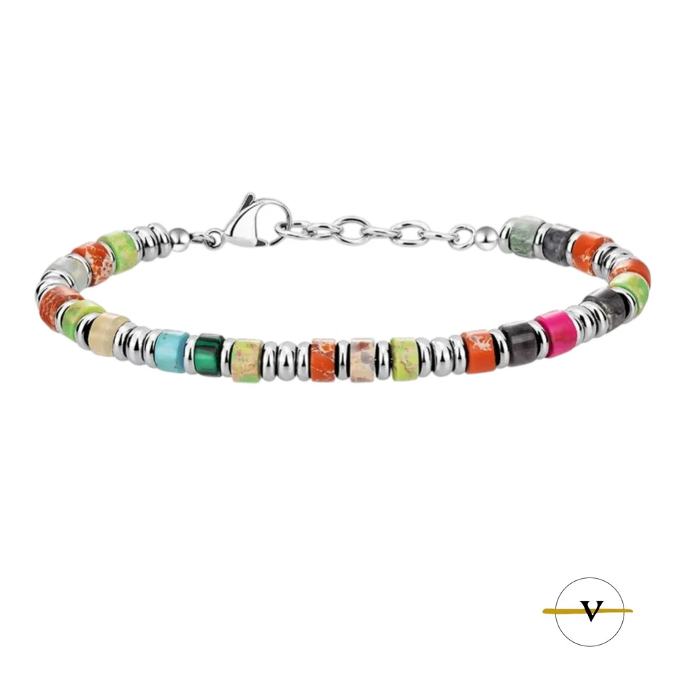 BRACCIALE UOMO DONNA ACCIAIO INOSSIDABILE E AGATA MULTICOLORE PIETRE NATURALI - Immagine 2 di 4