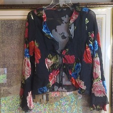 VICI Floral Sheer Tie Front Cropped Blouse Ruffle Accent Long Sleeve Black S