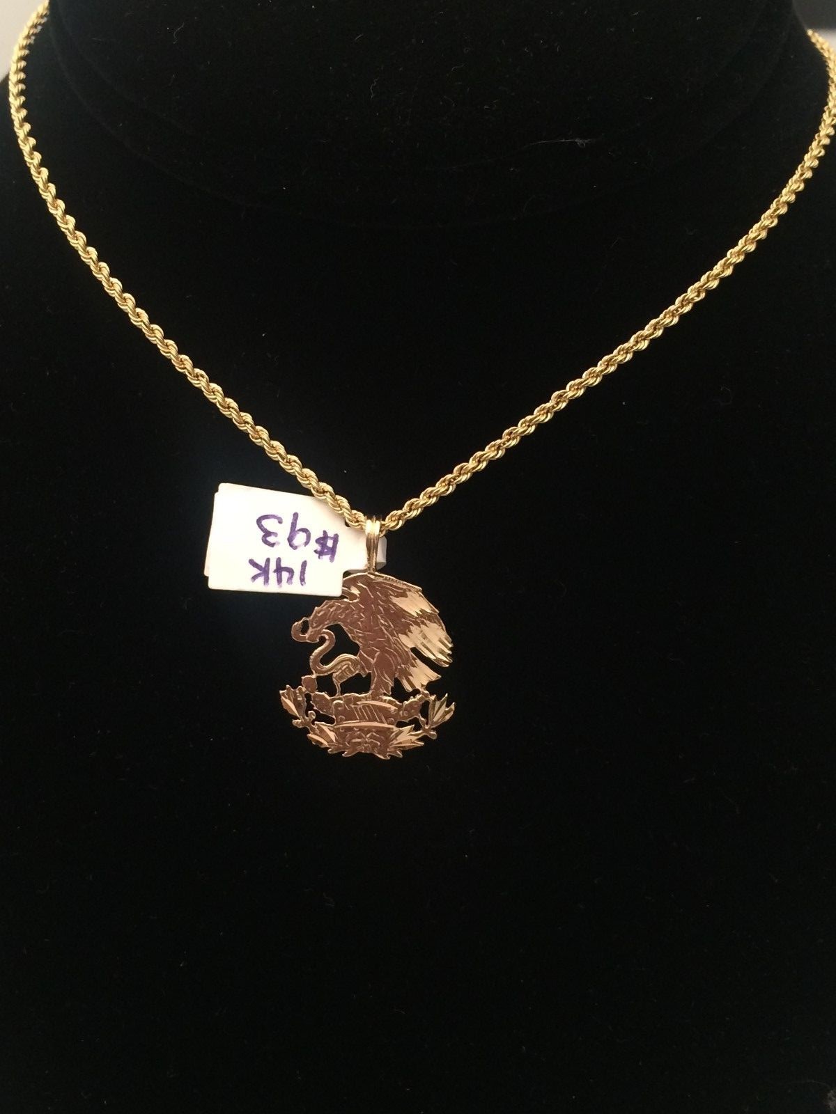 Mexican Rope Chain Real 14K Yellow Gold Mexico Mexican Shield Eagle Pendant Charm 20inch ...