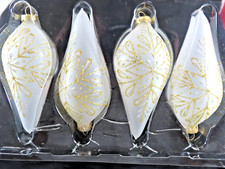 4 Blown Glass Frosted Teardrop Gold Glitter Christmas Ornaments Lot D1213