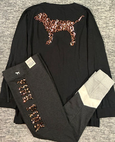 Victoria's Secret Pink Bling Leopard Dog Campus LS Tee Shirt + Leggings Set L 💖