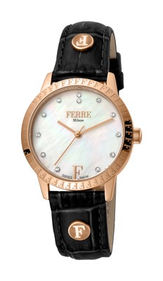 Ferre Milano Women's FM1L128L0211 Rose-Gold IP MOP Dial Black Leather Wristwatch