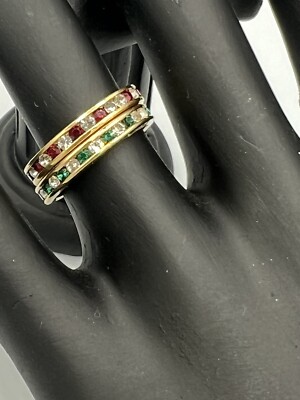 GOLD TONE RED GREEN & CLEAR CRYSAL RHINESTONE BANDS FASHION RINGS SIZE 6