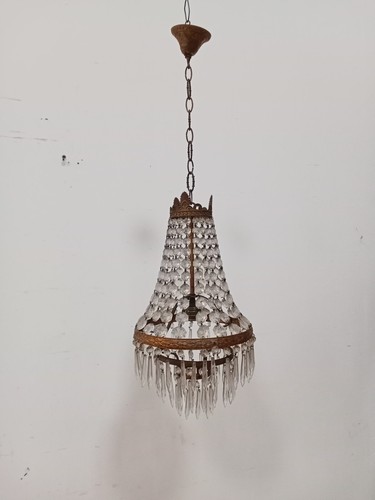 Lampadario stile Impero - mongolfiera con cristalli in vetro ed ottone -metà 900 - Foto 4 di 13
