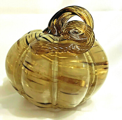 Glass Pumpkin Brown Swirls Brown Curly Stem 4 1/2'' x 4'' 
