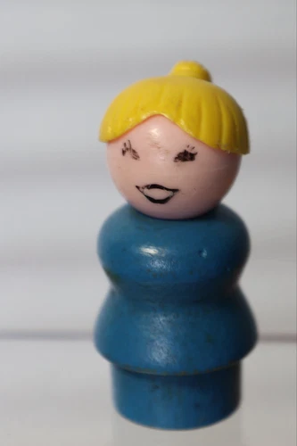Vintage Fisher Price Little People Mom – Wood Figure Blond Hair Blue Shirt