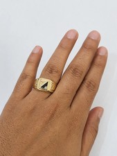 14K Yellow Gold Mens Black Onyx Ring Triangle Signet CZ Accent Stones Genuine