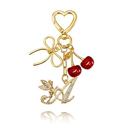 Initial Keychain with Bow and Cherry,Gold Letter Bag Charms for Women,Cute Pu...