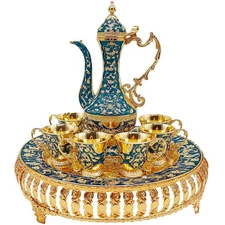 Turkish Coffee Cup and Tea Pot Set Including Teapot,Tea Tray,6 Metal Cups,Tea...