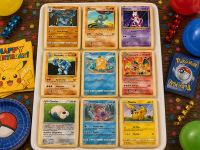 9 edible pokemon cards, cakes, cookies, rice krispy treats, pre cut wafer paper