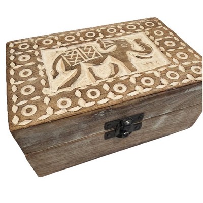 Hand carved Wooden Elephant Hinged Jewlery Trinket Box Whitewash