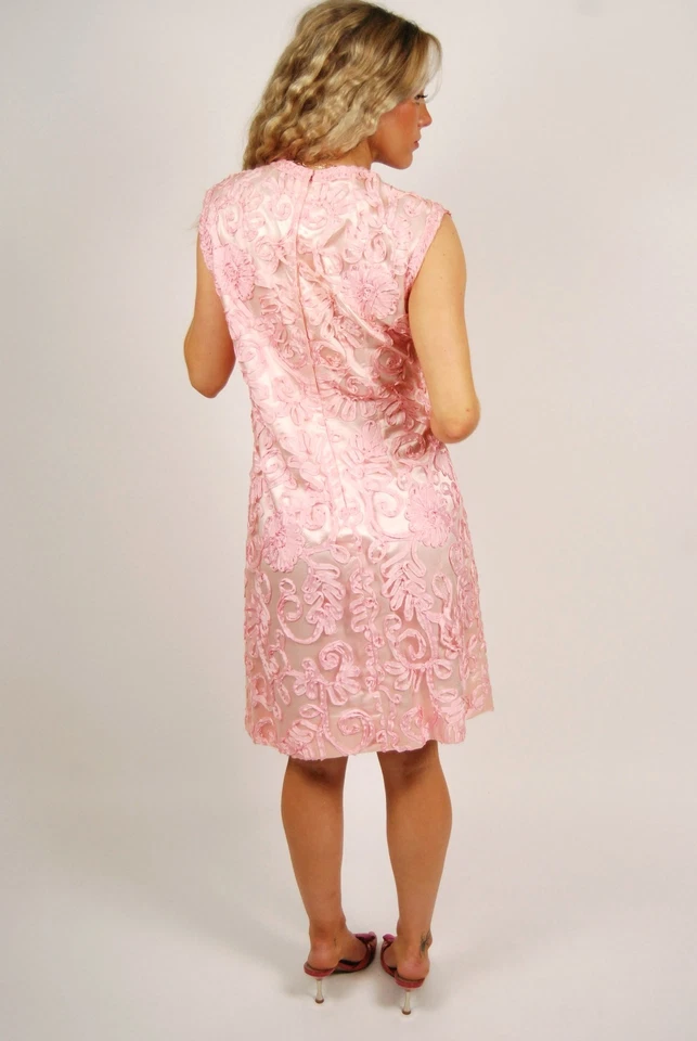 Vestido años 60 apliques cinta (L) grande bebé rosa vintage cuello alto retro chic cambio Foto 3 de 4