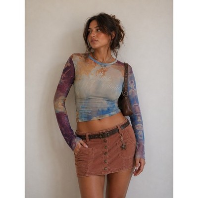Cernucci Renaissance Mesh Long Sleeve Crop Top XXL Graphic Sheer Y2K Streetwear