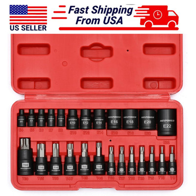 25Pc Star Bit  E-Torx Socket Set T8-T60 E4-E24 Kit Fast CR-V Heavy Duty USA