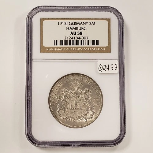 1912-J German States Hamburg 3 Mark .4823 oz ASW - NGC AU 58 - SKU-Q2453