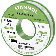 Stannol Kristall 600 Solder Lead-Free Sn96.5Ag3Cu0.5 1mm 100g