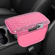 NBTEPEM Bling Pink Car Center Console Cover, Leather Car Arm Rest Cover with 2 S