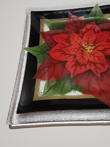 2009 Peggy Karr 10" Red Poinsettia Plate Fused Art Glass Square Holiday - Picture 4 of 12