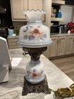 Milk Glass Painted Flowers Hurricane Parlor Brass Table Lamp Vtg  GWTW 14.5”
