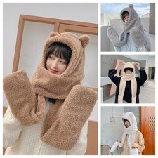 Cute Hat Scarf Gloves 3 In 1 Set Bear Ear Winter Warm Hooded Earflap