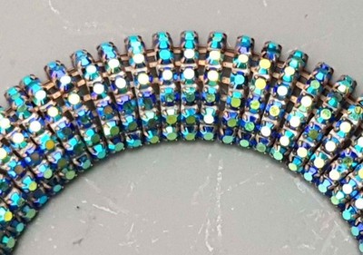 Vintage Strass Armband Raupe Vintage Blau AB Aurora Borealis 7reihig Messing