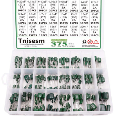 375 Pcs 24 Value Metalized Mylar Polyester Film Capacitors Assortment Kit 0.22Nf