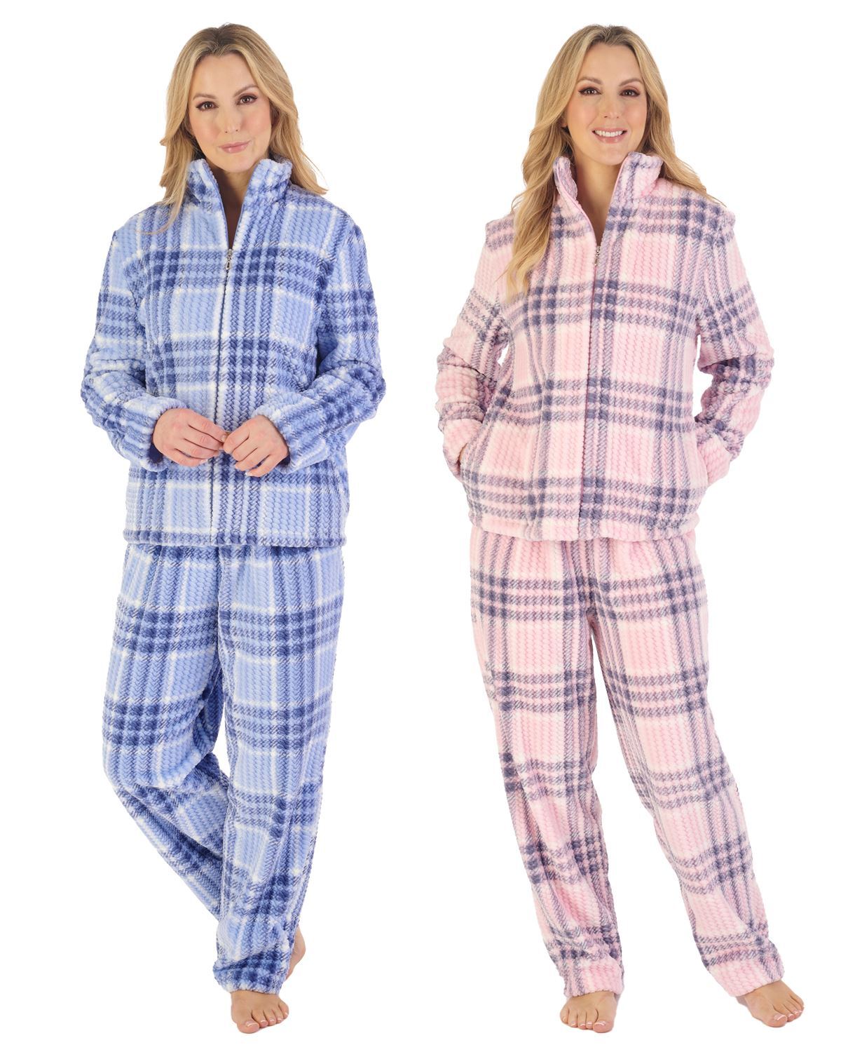 Slenderella Fleece Zip Pyjamas Ladies Soft Waffle Long Sleeve Thick Pyjama Set