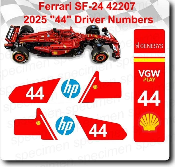 LEGO Ferrari SF-24 42207 Lewis Hamilton 44 Numero Pilota 2025 Set Adesivi