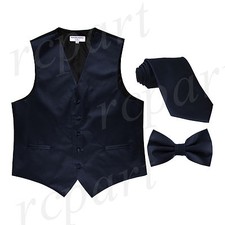 New Men's Solid Tuxedo Vest Waistcoat Necktie  Bowtie Set Party Prom Navy Blue