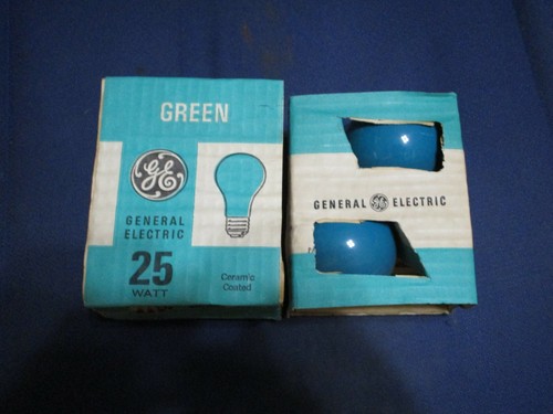 2 Vintage NOS GE General Electric Green 25 Watt A-19 Medium Base Light Bulbs