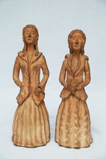 pair sculptures ladies women terracotta modern art signed F.E. impressionism