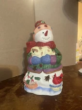 SNOWMAN & PUPPY TEA LIGHT HOLDER  6 INCHES Christmas Vintage Holiday Collectible